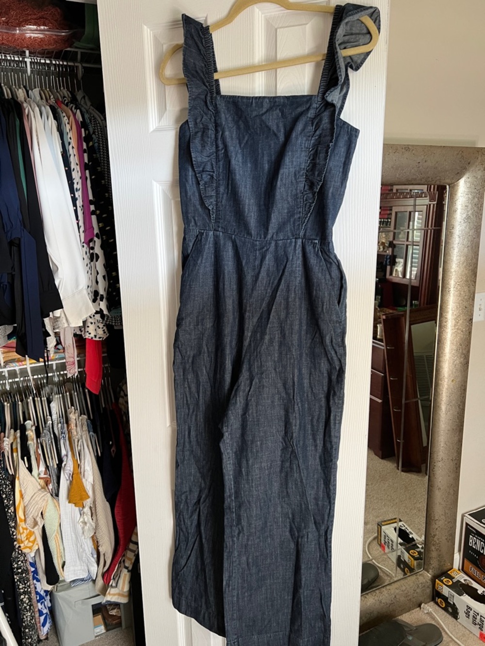 GAP Dark Blue Denim Ruffle-Strap Wide Leg Overalls